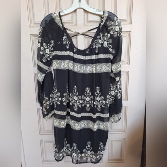 Millibon Dress Elastic Waist Black Geometric SzM Long Sleeves Cross Back Lined - Picture 1 of 12